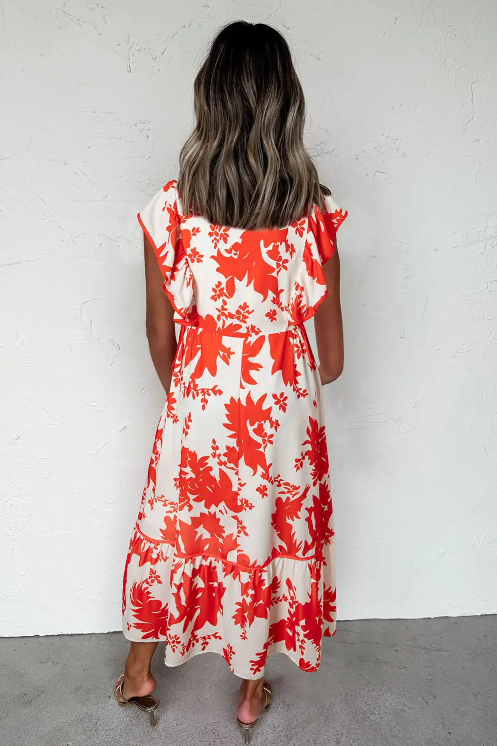 Maxi Floral Print Trimmed V Neck Ruffle Sleeve Long