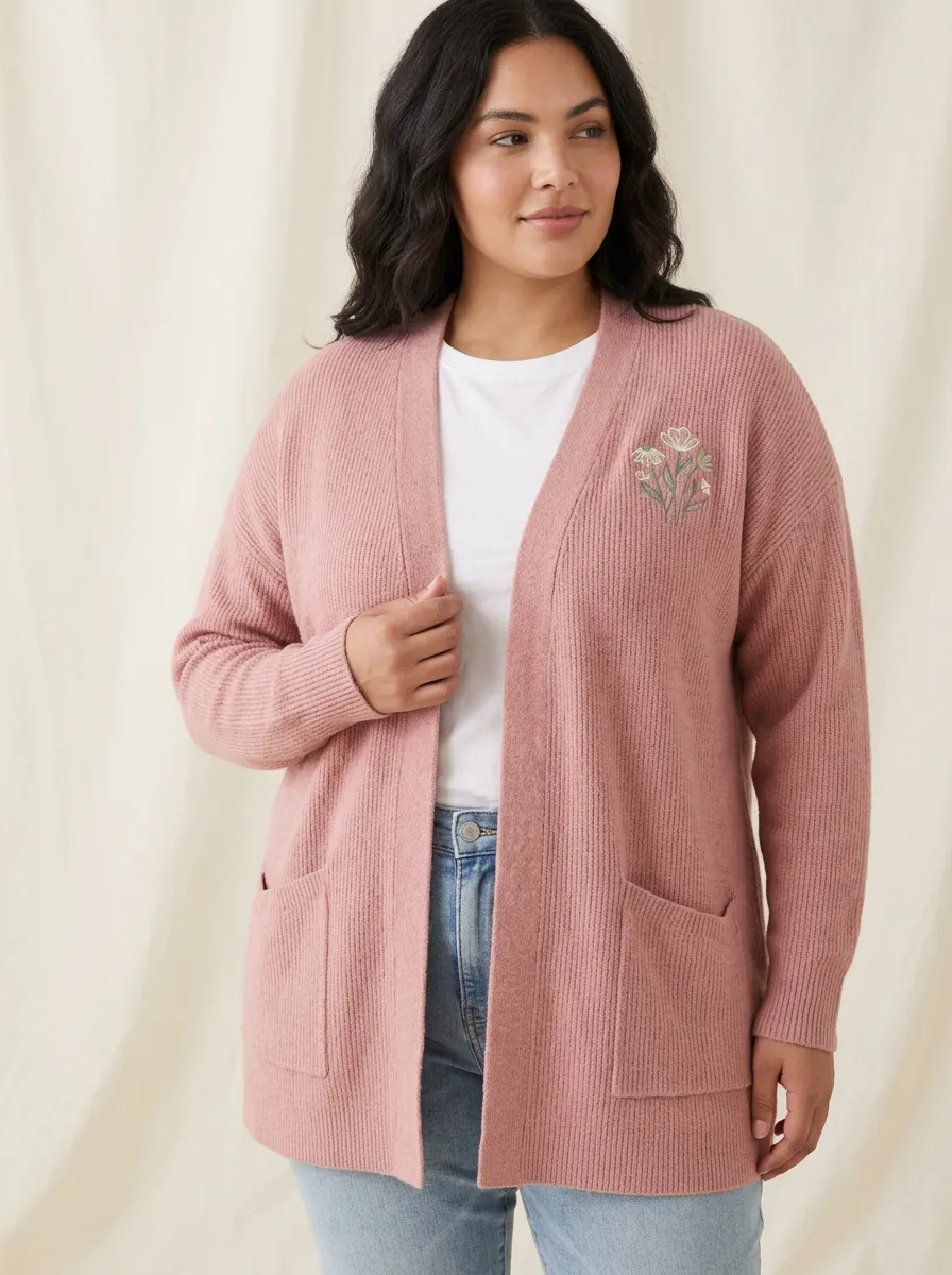 Women's Pink Floral Embroidered Ribbed Open Front Casual Cardigan