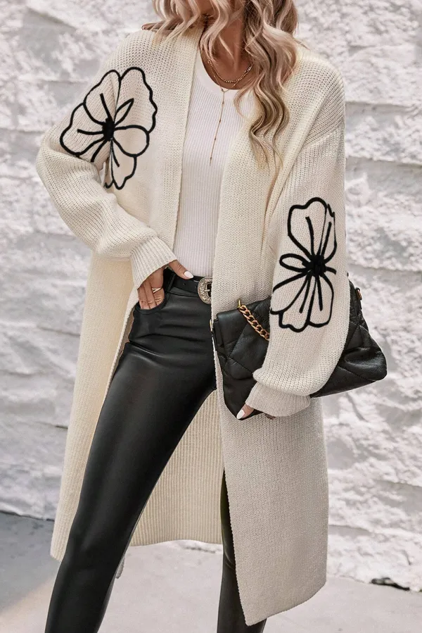 Flower Embroidered Drop Shoulder Open Front Duster Everyday Layer Cardigan