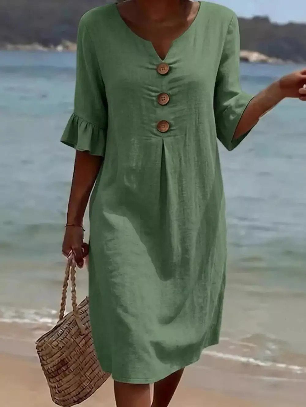 Button Decor Ruffle Sleeve Midi Dress