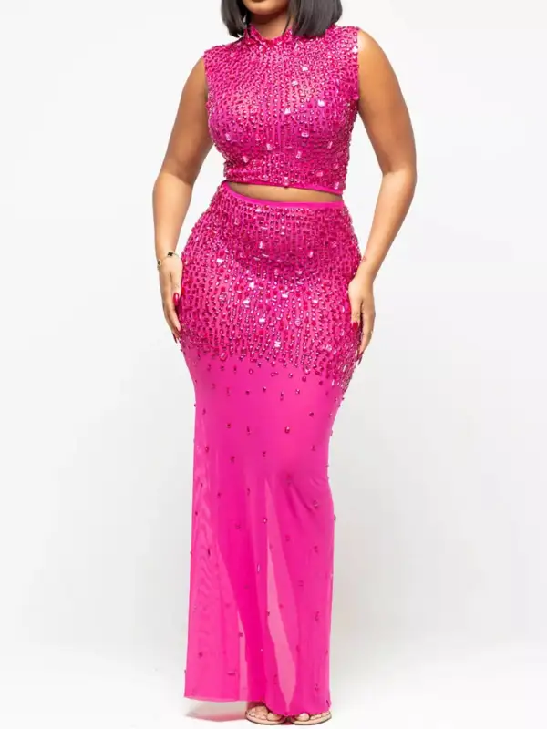Sleek Rhinestone Sleeveless Top And Skirt Set