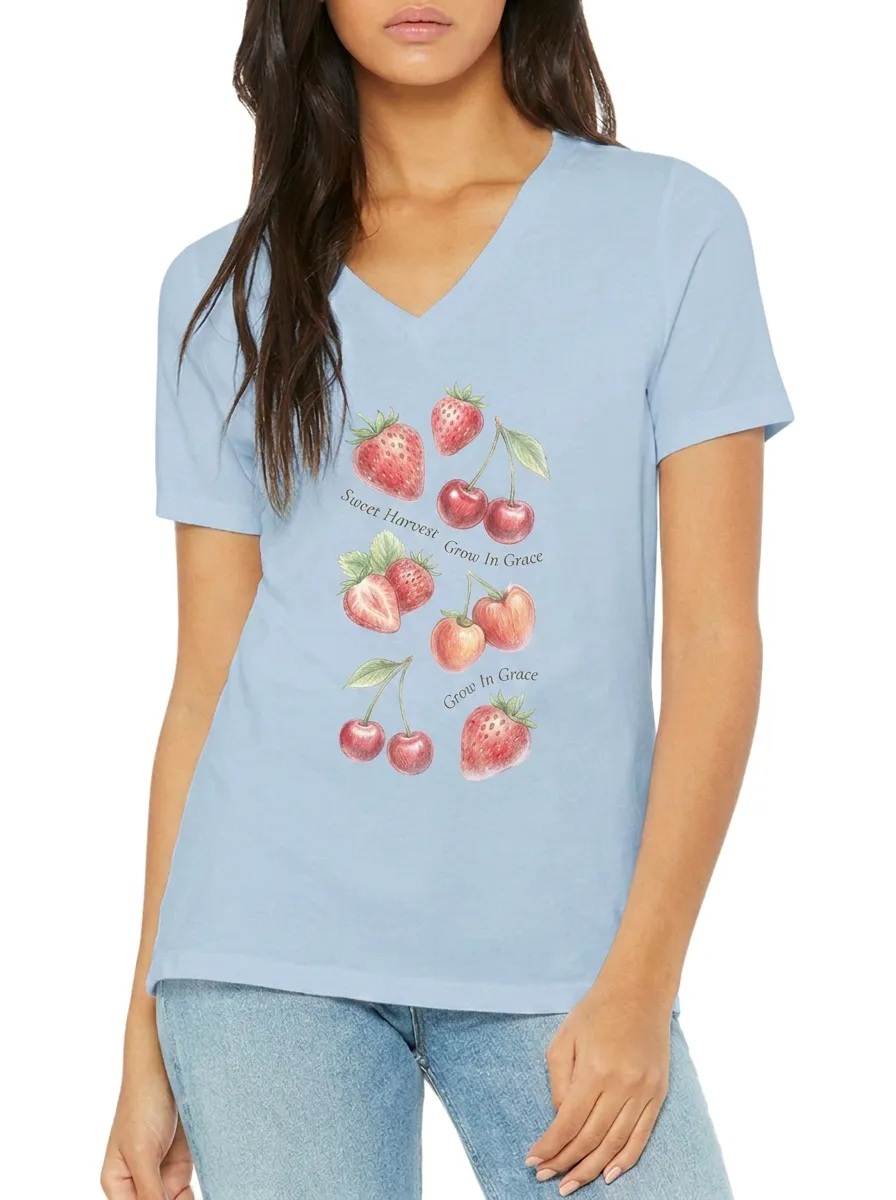 Women's Strawberry Cherry Fruit Lover Grow In Grace Printed V-Neck T-Shirt