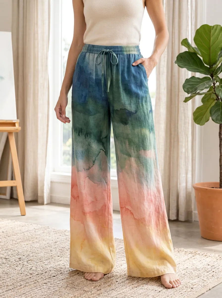 Women's Casual Boho Watercolor Gradient Printed Wide Leg Pants