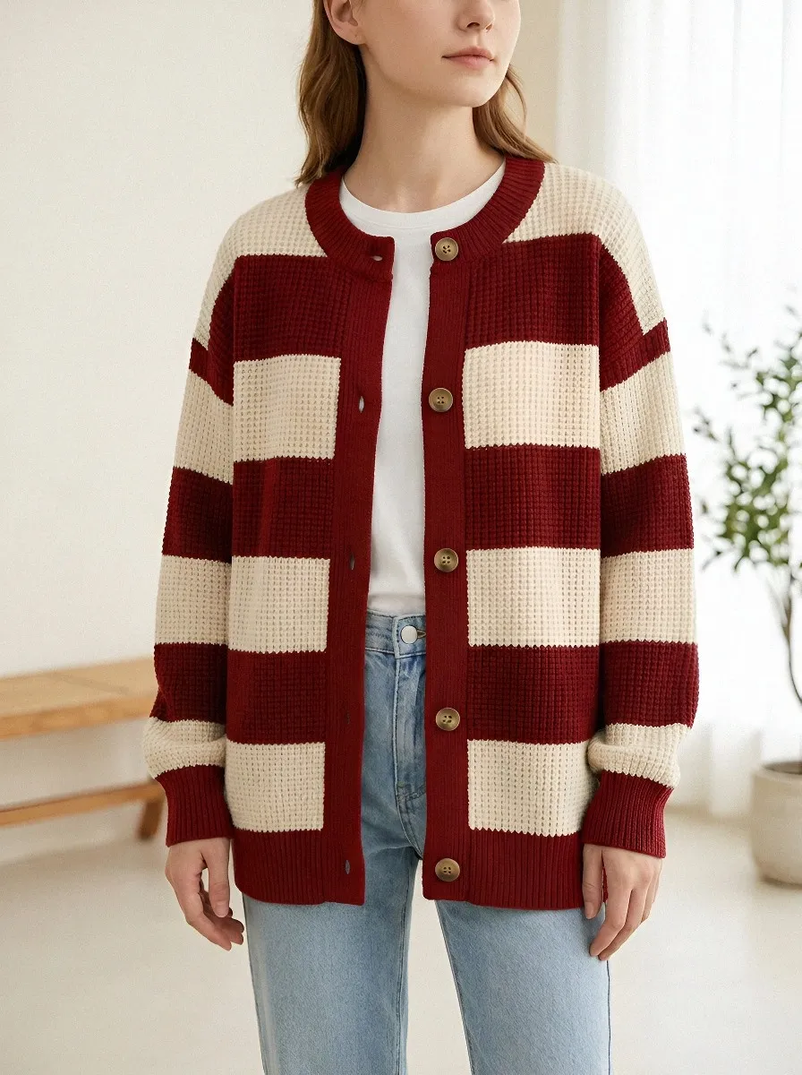 Waffle Knit Rugby Striped Waffle Knit Cardigan