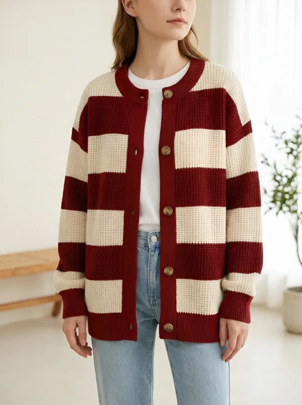 Waffle Knit Rugby Striped Waffle Knit Cardigan