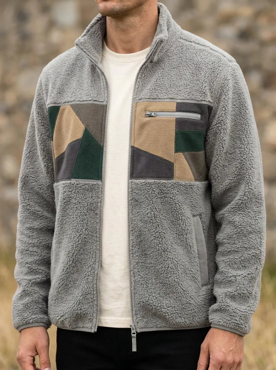 Geometric Patchwork Fleece Jacket