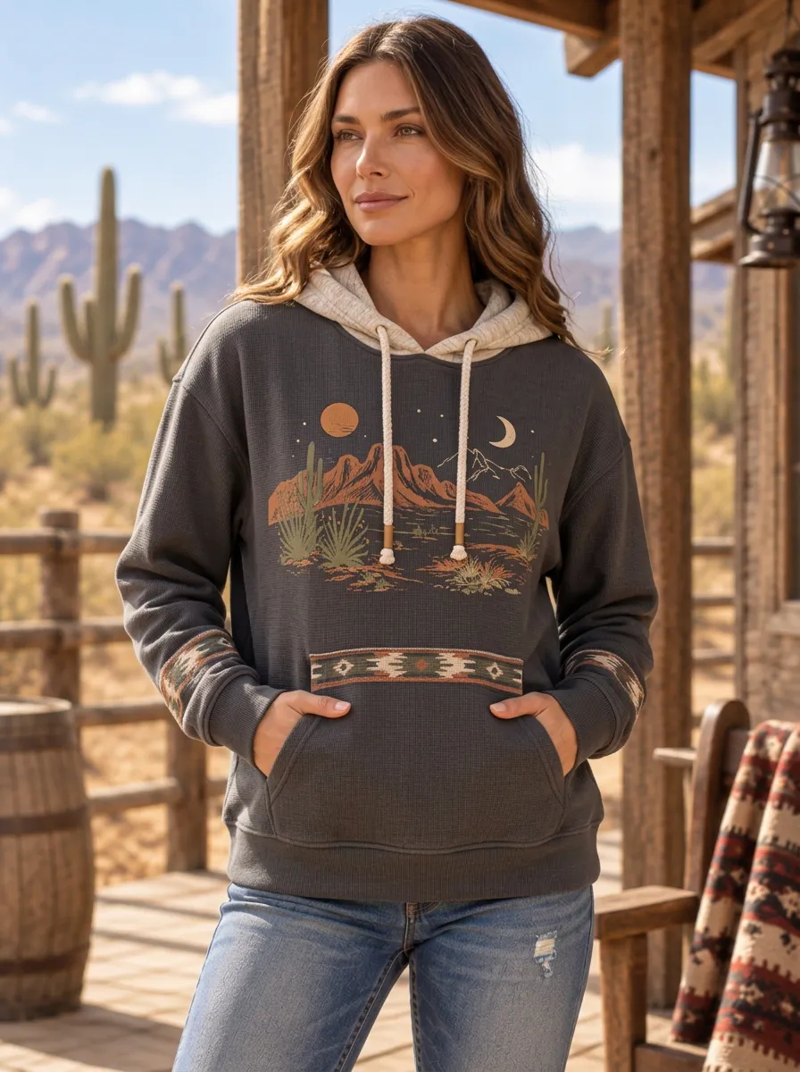 Women's Western Charcoal Desert Graphic Waffle Knit Hoodie