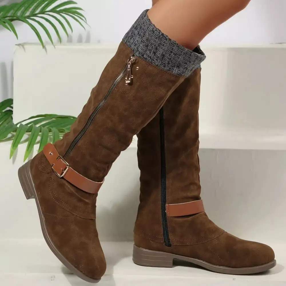 Ruffled Round Toe Block Heels Boots