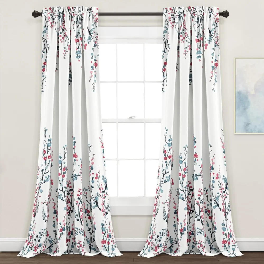 Refined Farmhouse Watercolor Floral Blackout Rod Pocket Curtain Panel Set
