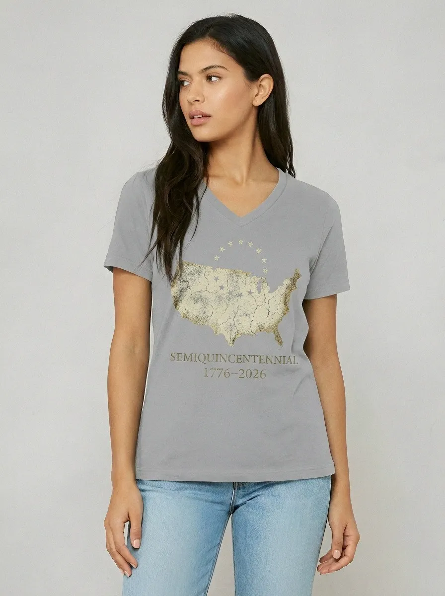Women's USA Patriotic Semiquincentennial 1776-2026 Map Printed V-Neck T-Shirt