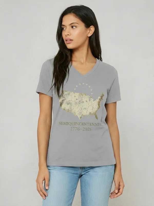 Women's USA Patriotic Semiquincentennial 1776-2026 Map Printed V-Neck T-Shirt