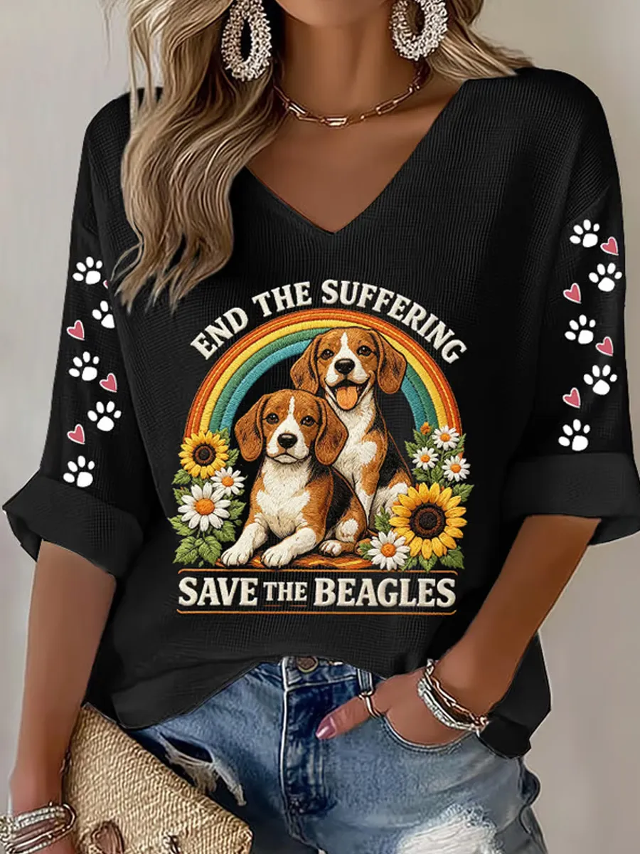 Women's End The Suffering Save The Beagles Print V Neck Top