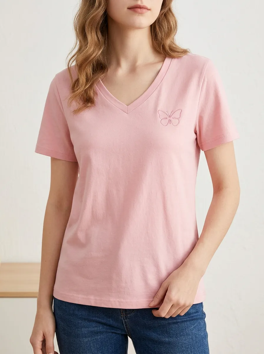 Women's Butterfly Lover Pink Embroidered V-neck T-shirt