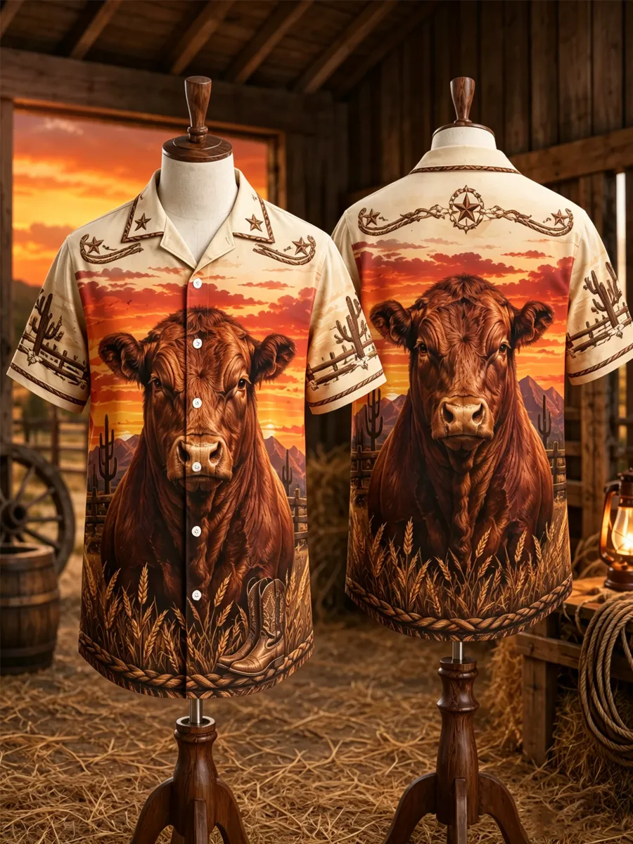 Men'S Vintage Red Angus Hawaiian Short Sleeve Shirt