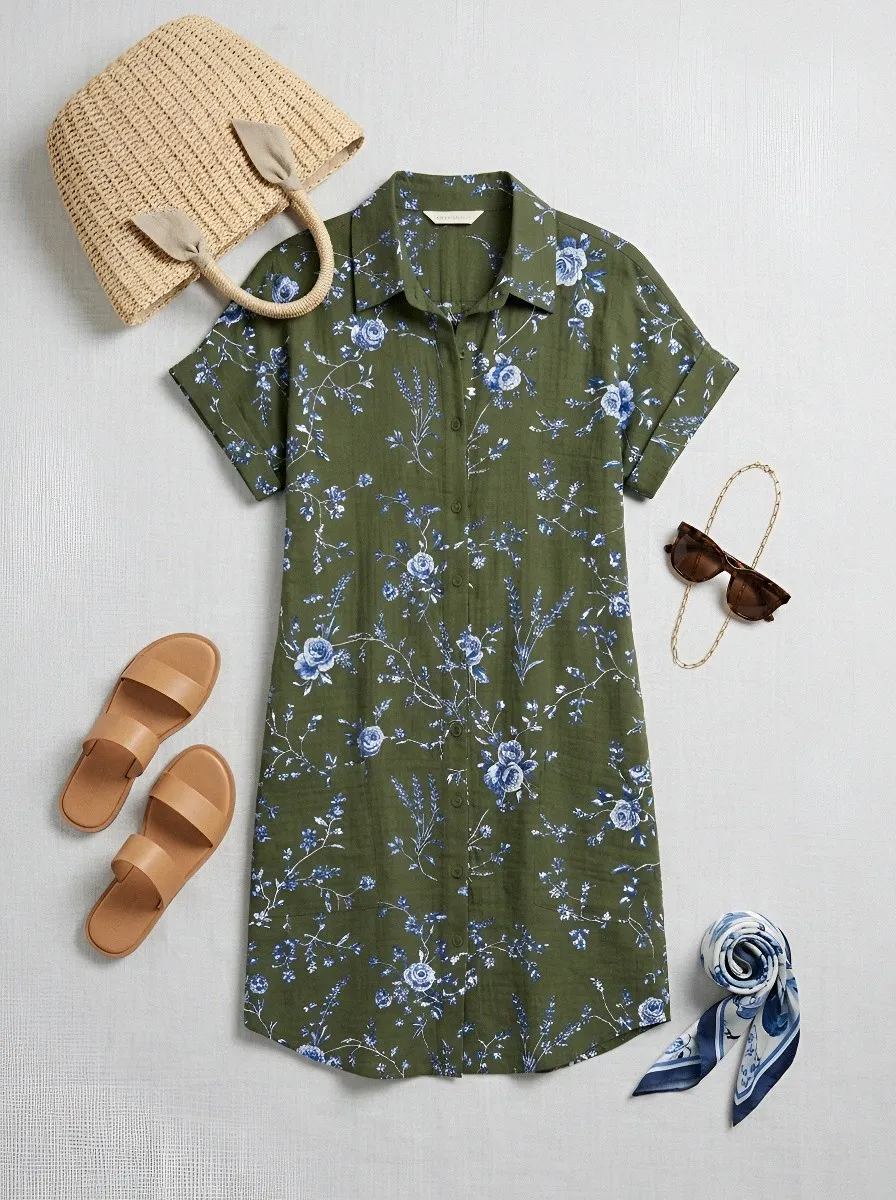 Women's Summer Vacation Blue Floral Olive Green Printed Shirt Dress