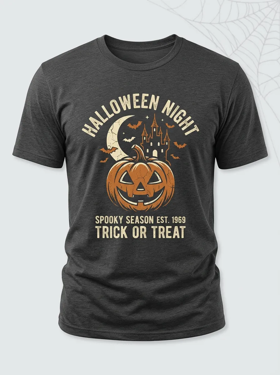 Men's Halloween Night Pumpkin Castle Bats Printed T-shirt