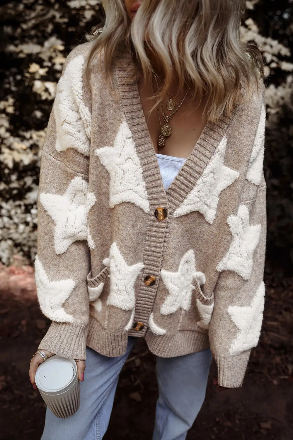 Sherpa Star Pattern Textured Pocketed Cardigan