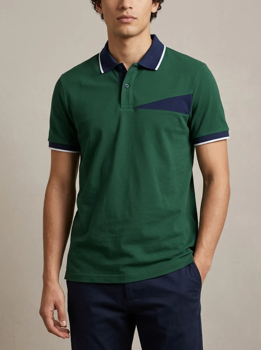 Men's Ribbed Textured Colorblock Geometric-Emblem Graphic Polo Shirt