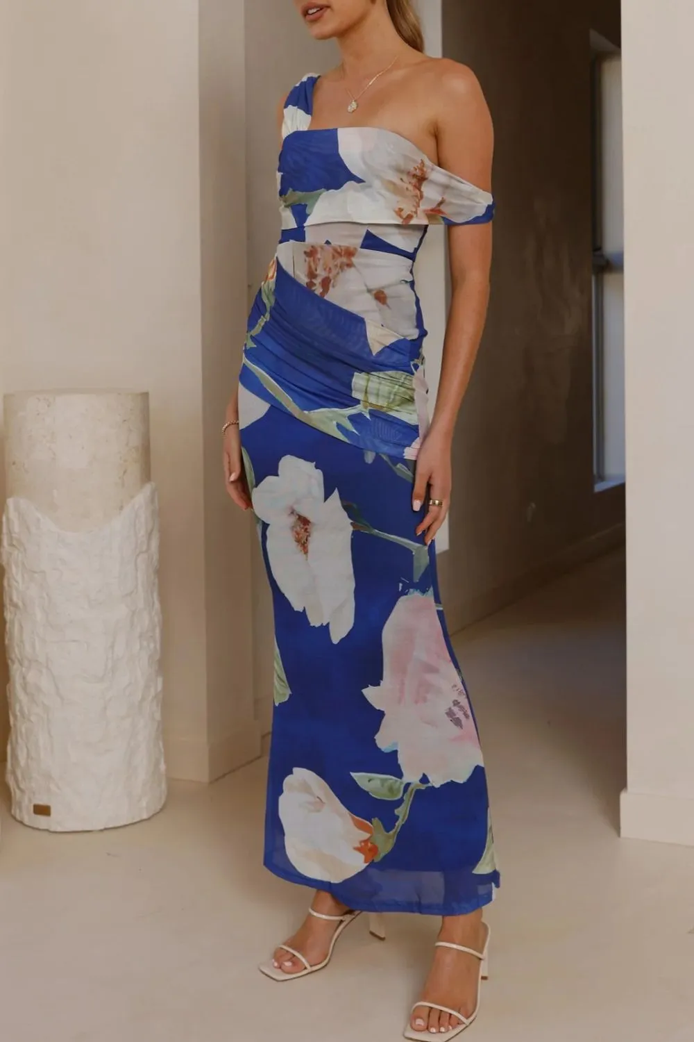 Classic Ruched One-Shoulder Floral Maxi Dress