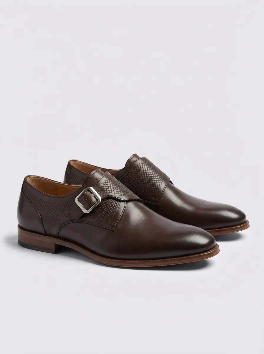 Men's Woven Texture Buckle Strap Printed Leather Shoes
