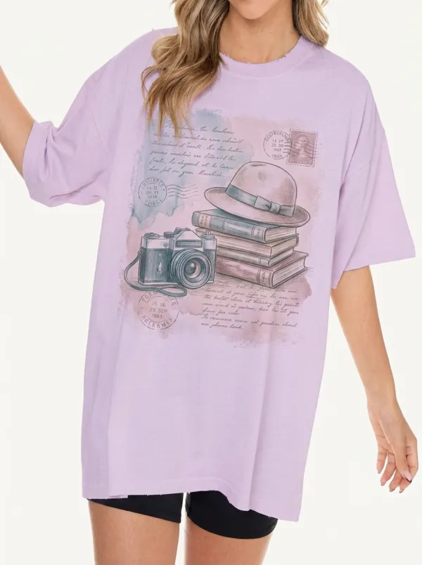 Women's Vintage Travel Photography Books Printed T-shirt