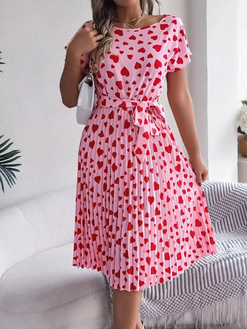 Heart Belted Pleated Midi Dress