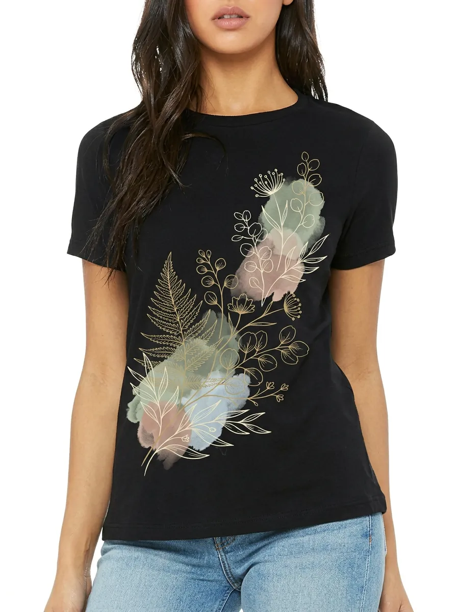 Women's Botanical Nature Lover Gold Fern Watercolor Printed T-shirt