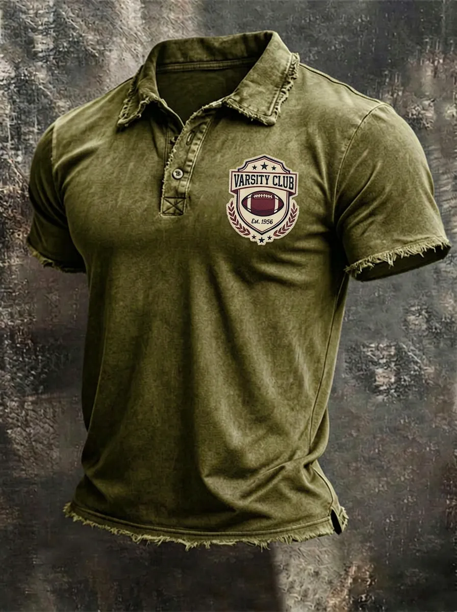Varsity Club Football Sports Graphic Distressed Polo Shirt