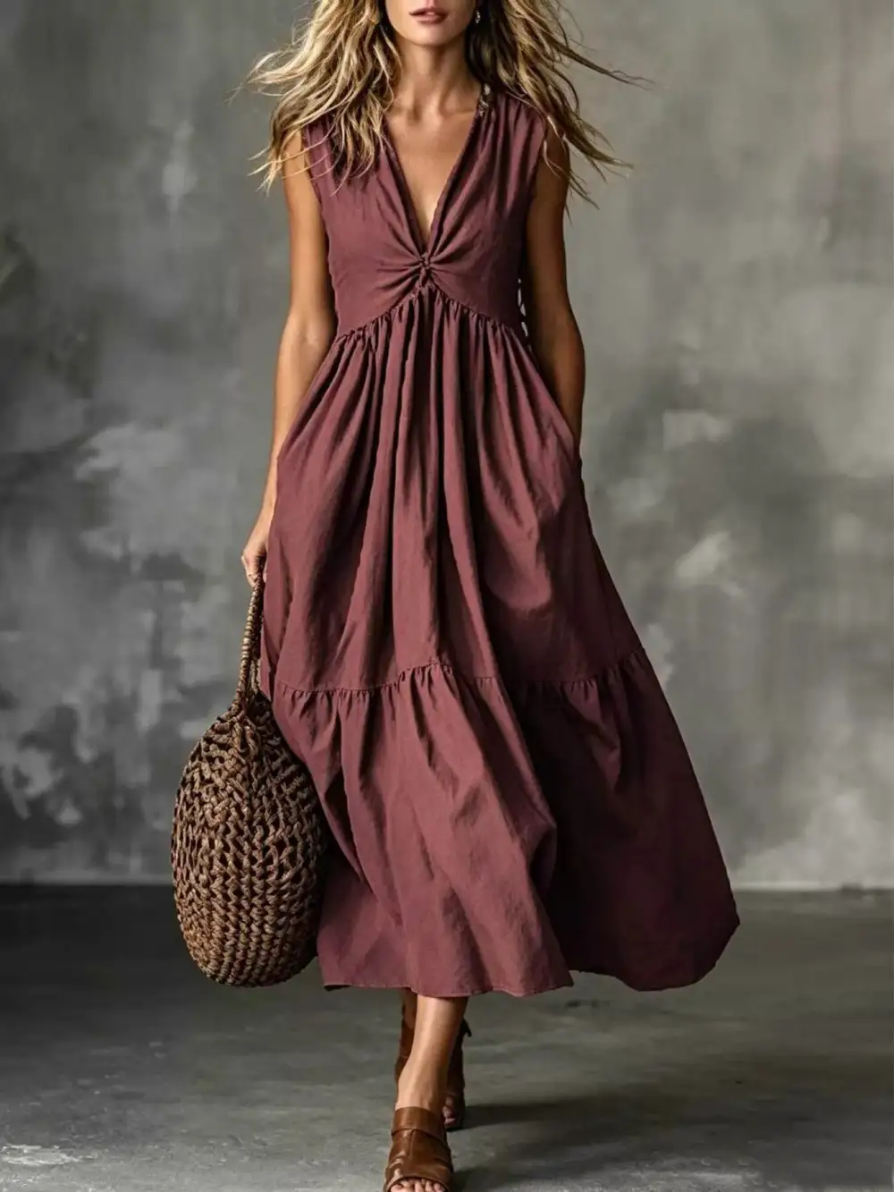 Tiered V-Neck Midi Dress