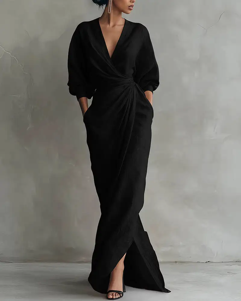 Elegant Deep V-Neck Draped Wrap Maxi Dress With Waist Tie