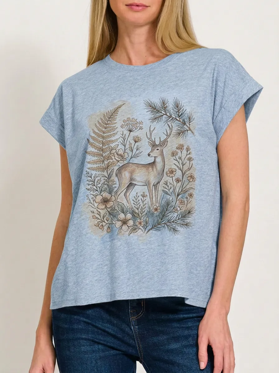 Women's Nature Lover Forest Deer Floral Printed T-shirt