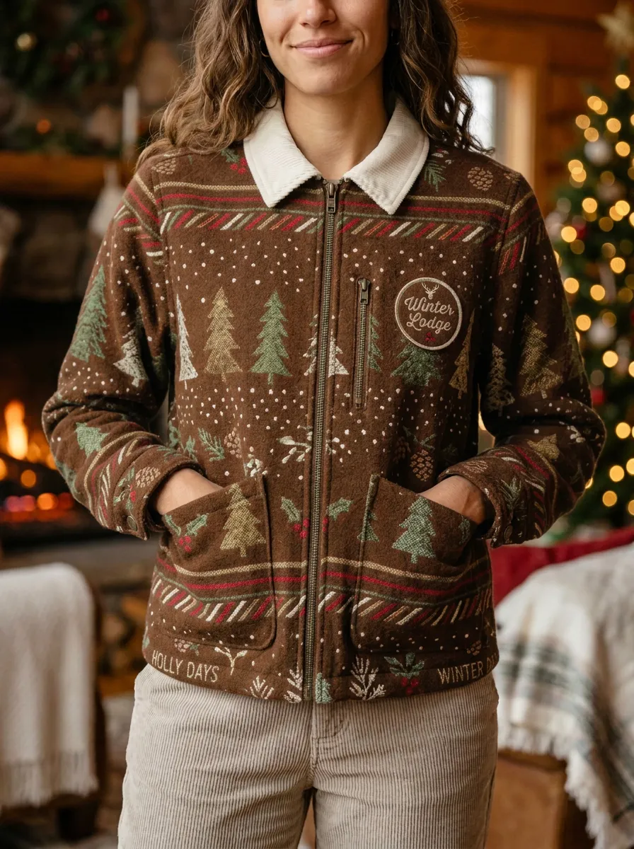 Christmas Winter Lodge Pine Tree Print Zip-up Jacket