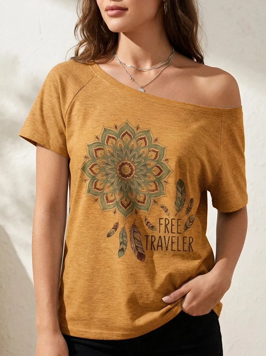 Women's Boho Traveler Mandala Feather Printed T-shirt