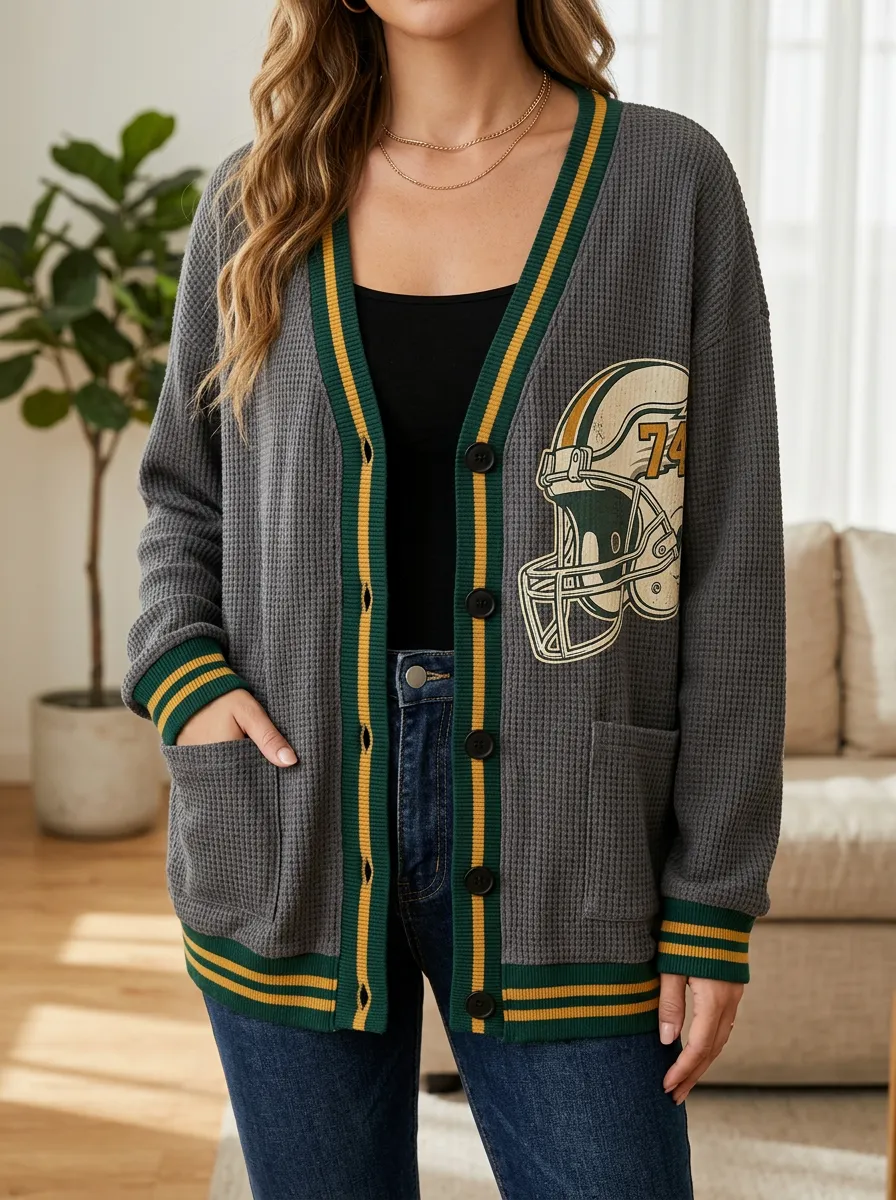 Women's Football Fan Helmet 74 Printed Waffle Knit Cardigan