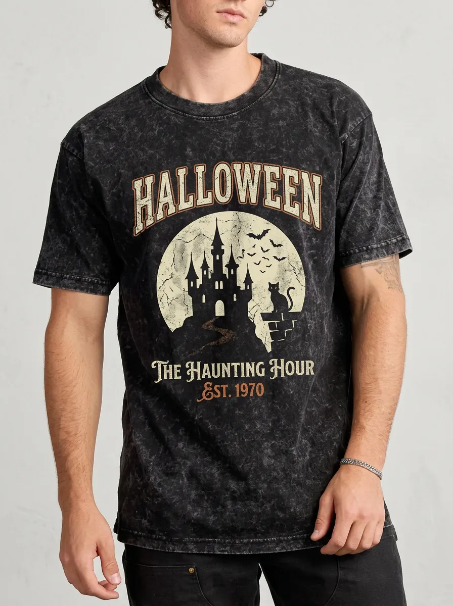 Men's Halloween Haunting Hour Castle Cat Printed T-shirt
