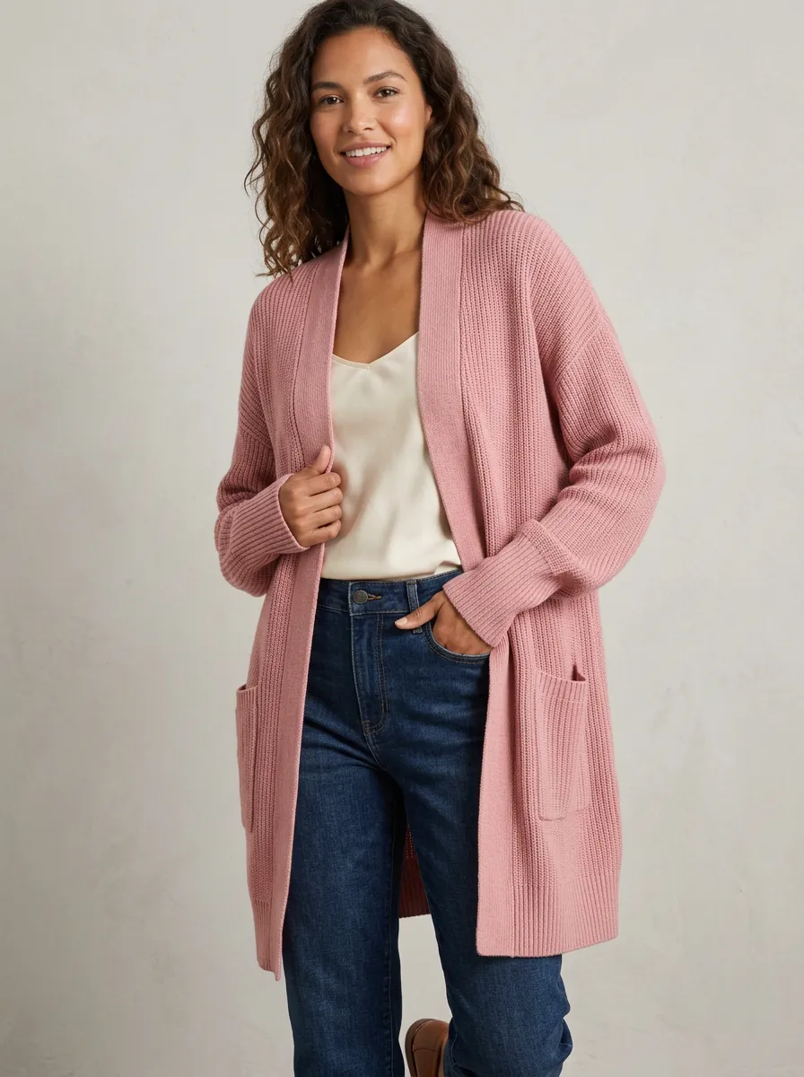 Women's Pink Minimalist Ribbed Knit Cardigan