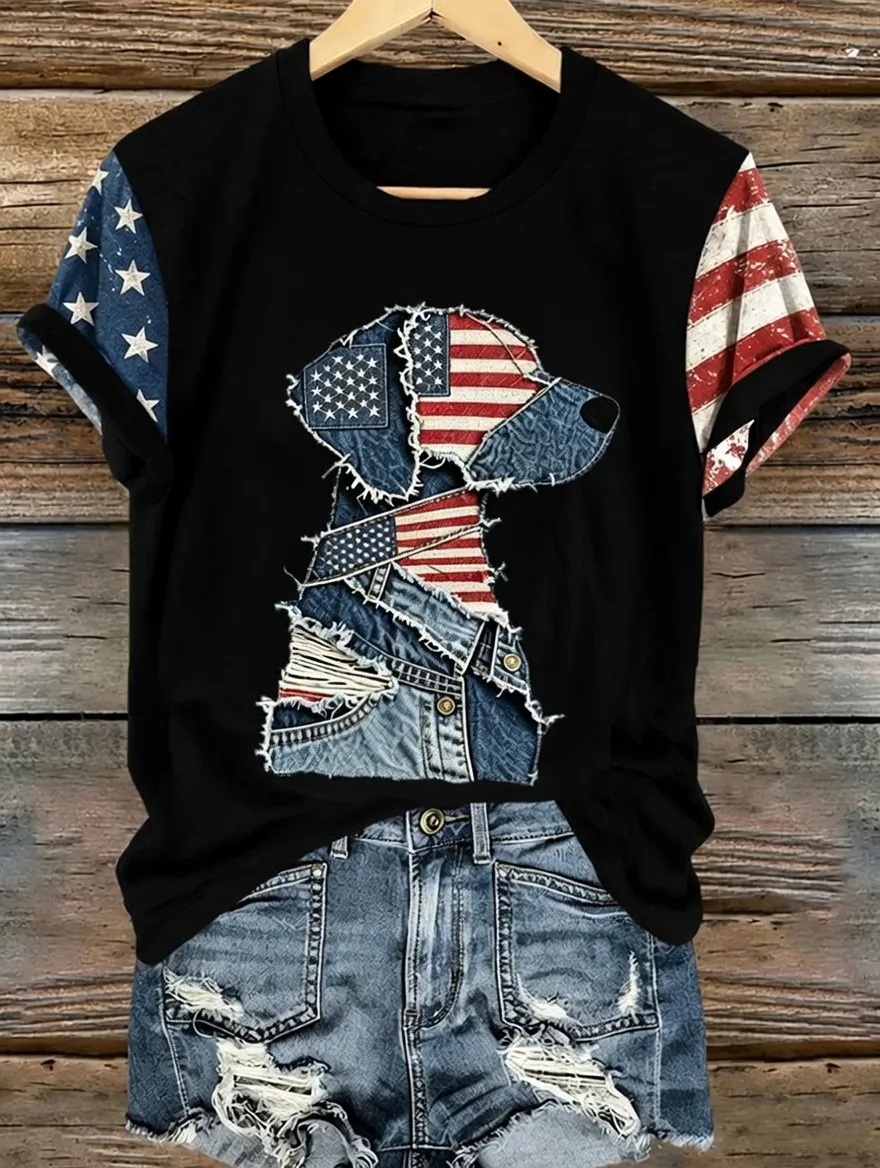 Women's casual American 250th anniversary celebration animal print short sleeved T-shirt