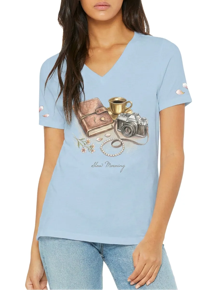 Women's Slow Morning Camera Coffee Book Printed V-neck T-shirt