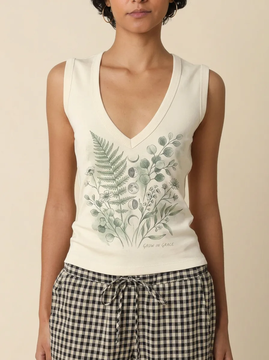 Women's Botanical Moon Phase Grow In Grace Printed Tank Top