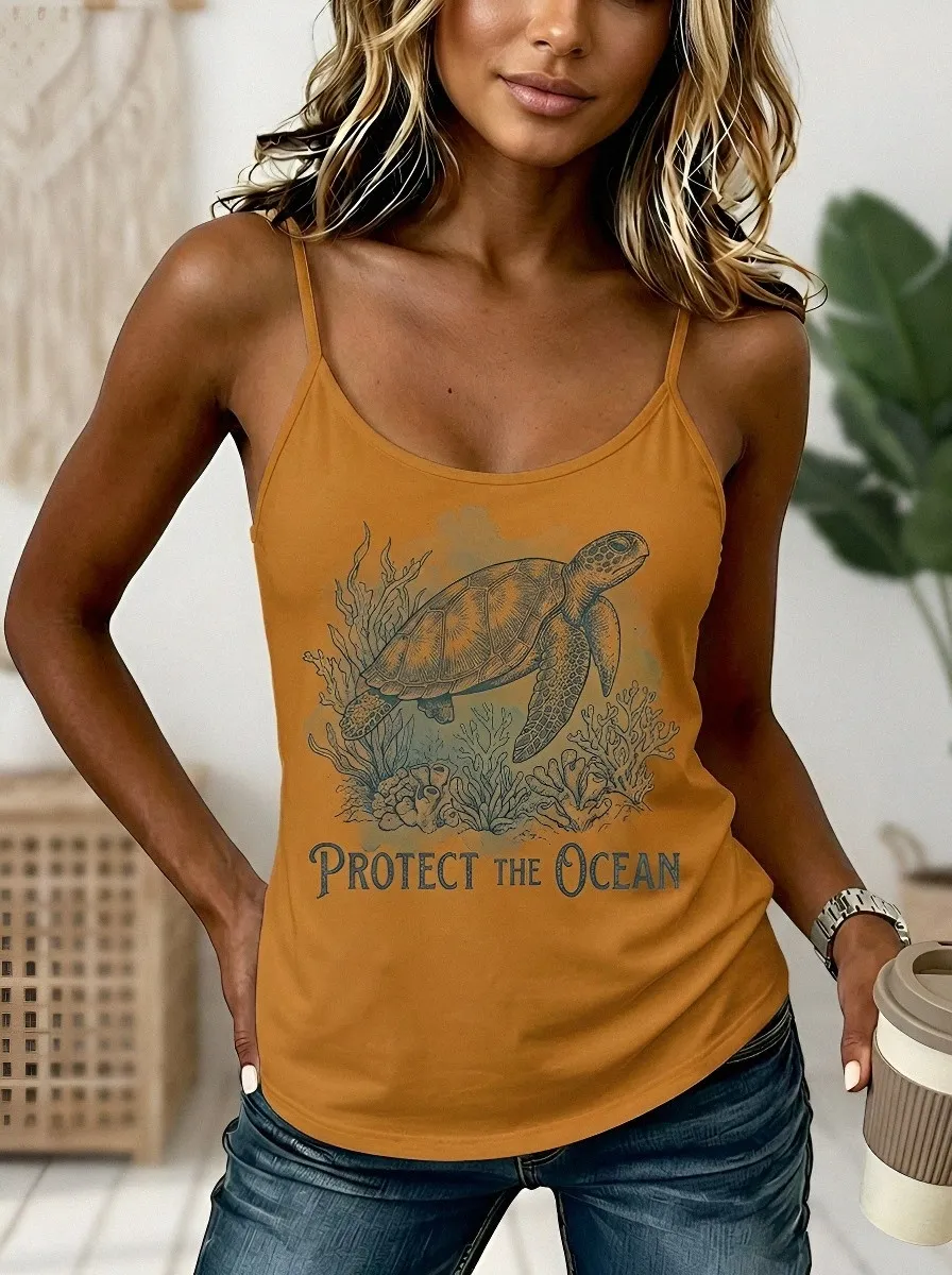 Women's Ocean Lover Sea Turtle Protect Printed Tank Top