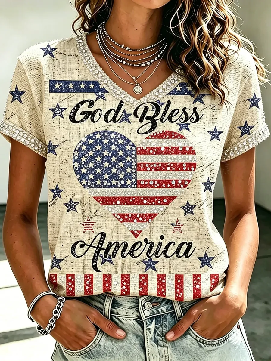 Women'S Retro American Flag Print V-Neck T-Shirt