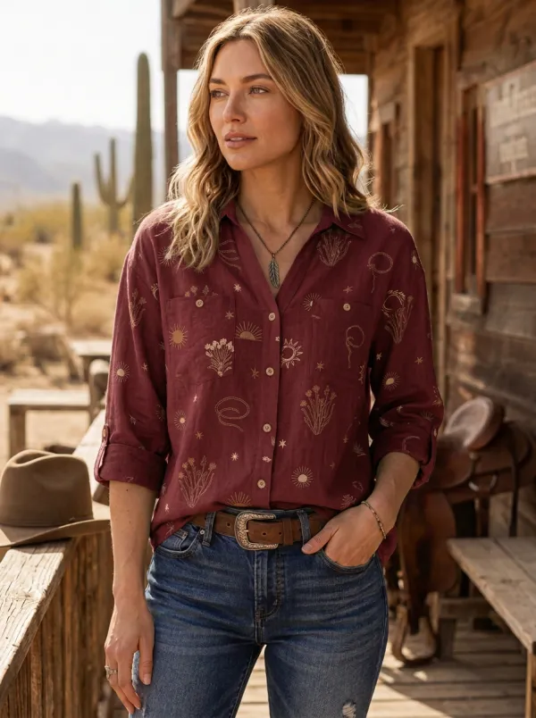 Women's Western Desert Cactus Sun Printed Cotton Linen Shirt