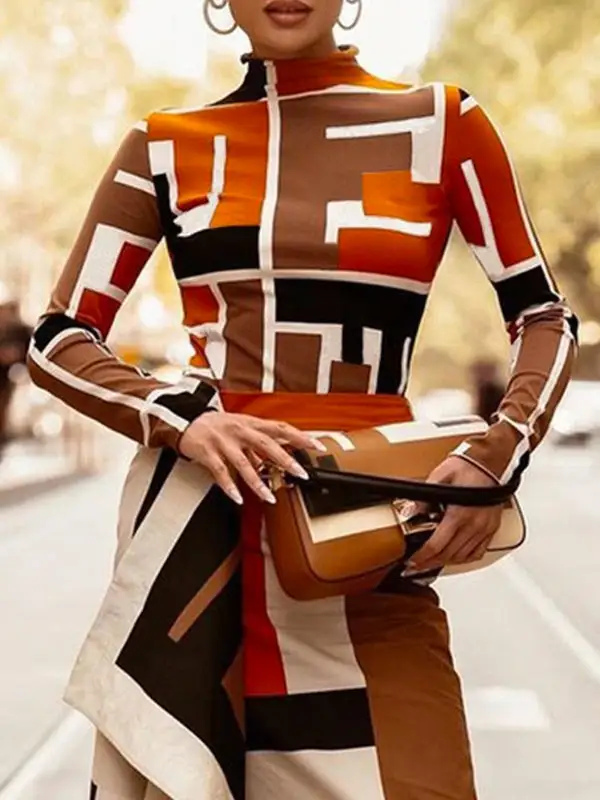 Long Sleeve Slim Fit Geometric Print High Neck T-Shirt