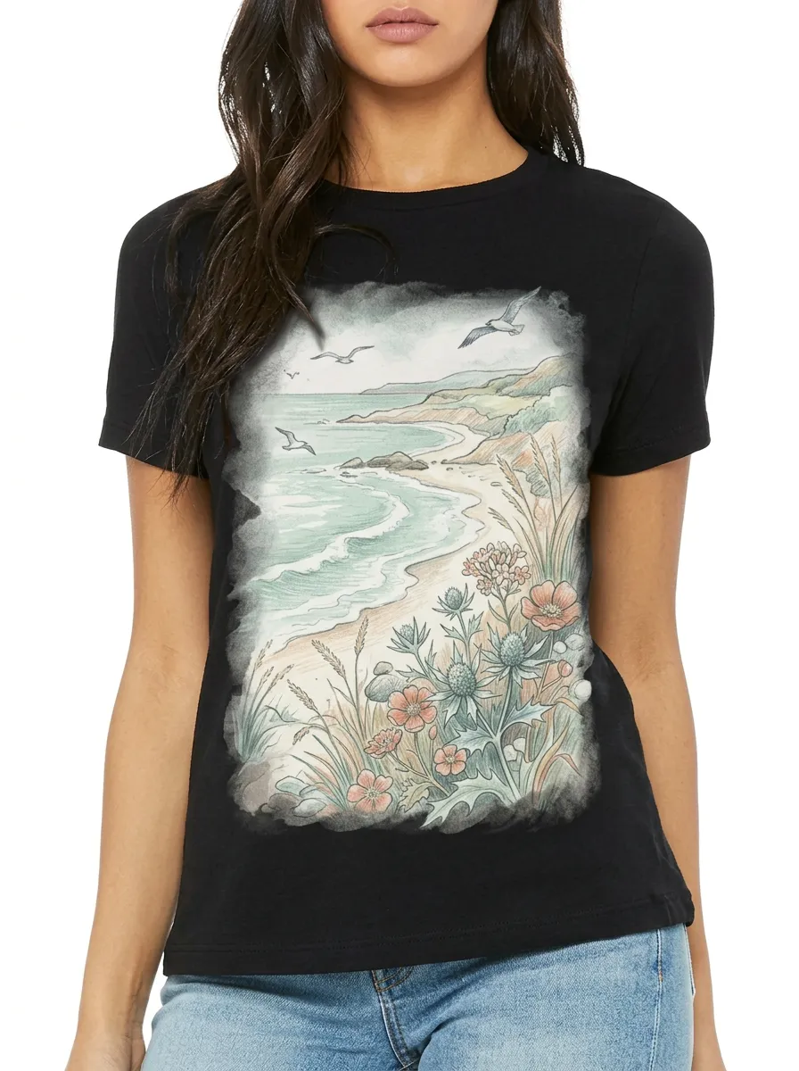Women's Coastal Beach Seagull Wildflower Printed T-shirt