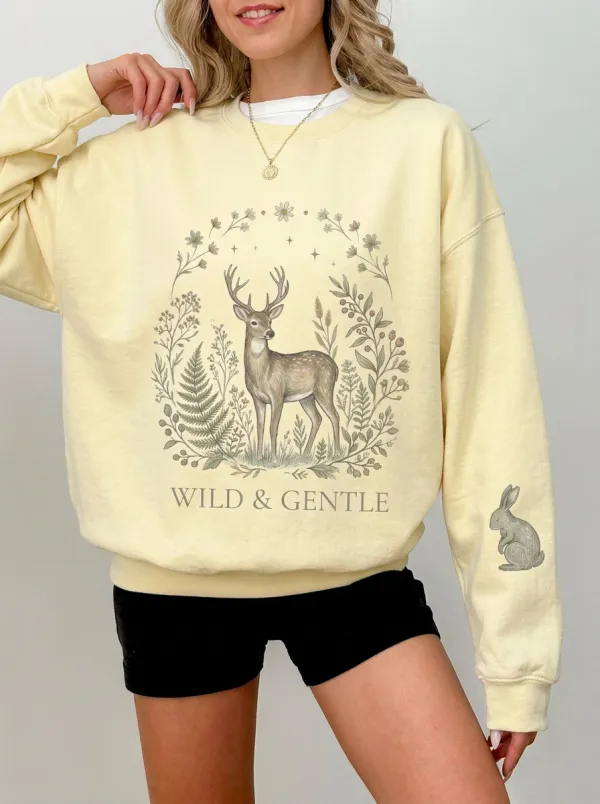 Women's Nature Lover Deer Rabbit Floral Printed Sweatshirt