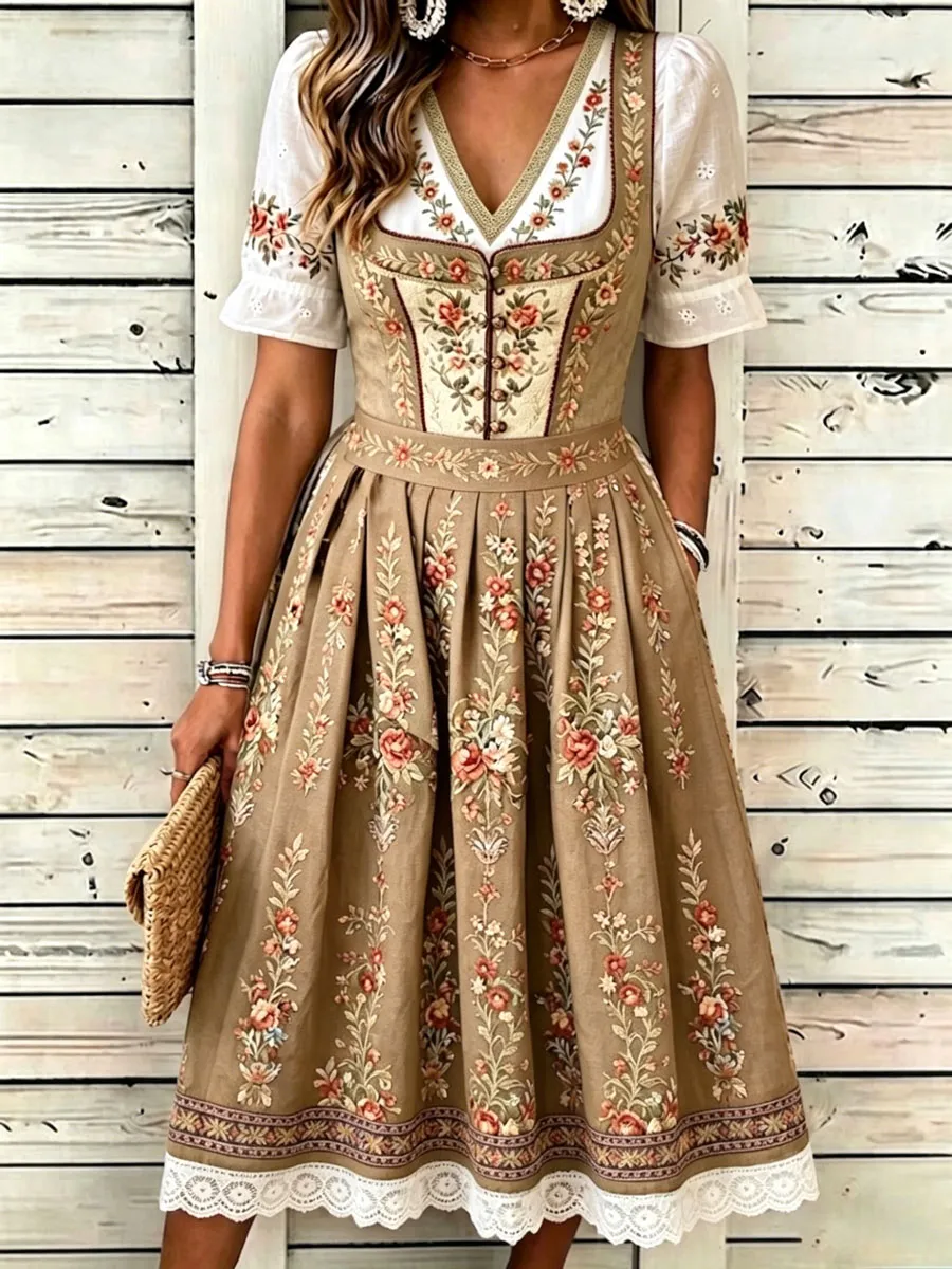 Women'S German Bavarian Vintage Floral Dress
