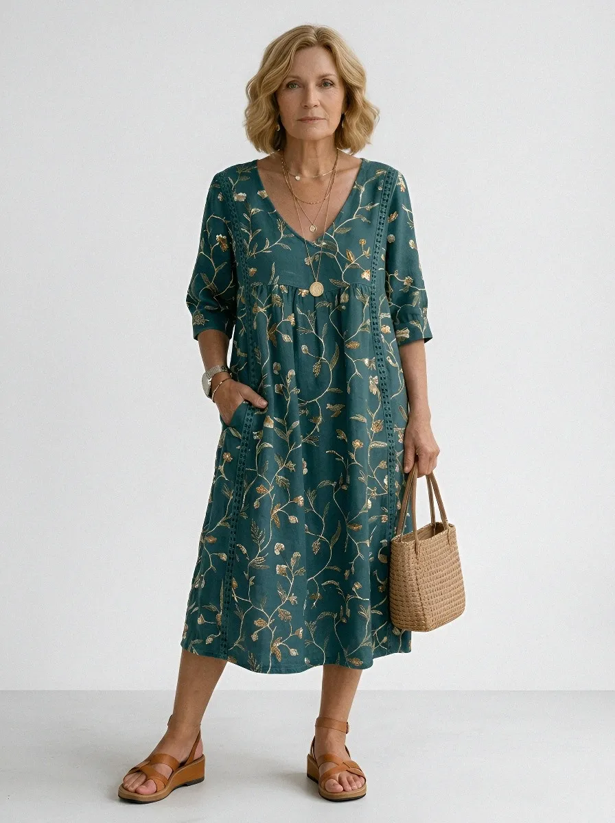 Women's Summer Vacation Floral Vine Printed Midi Dress