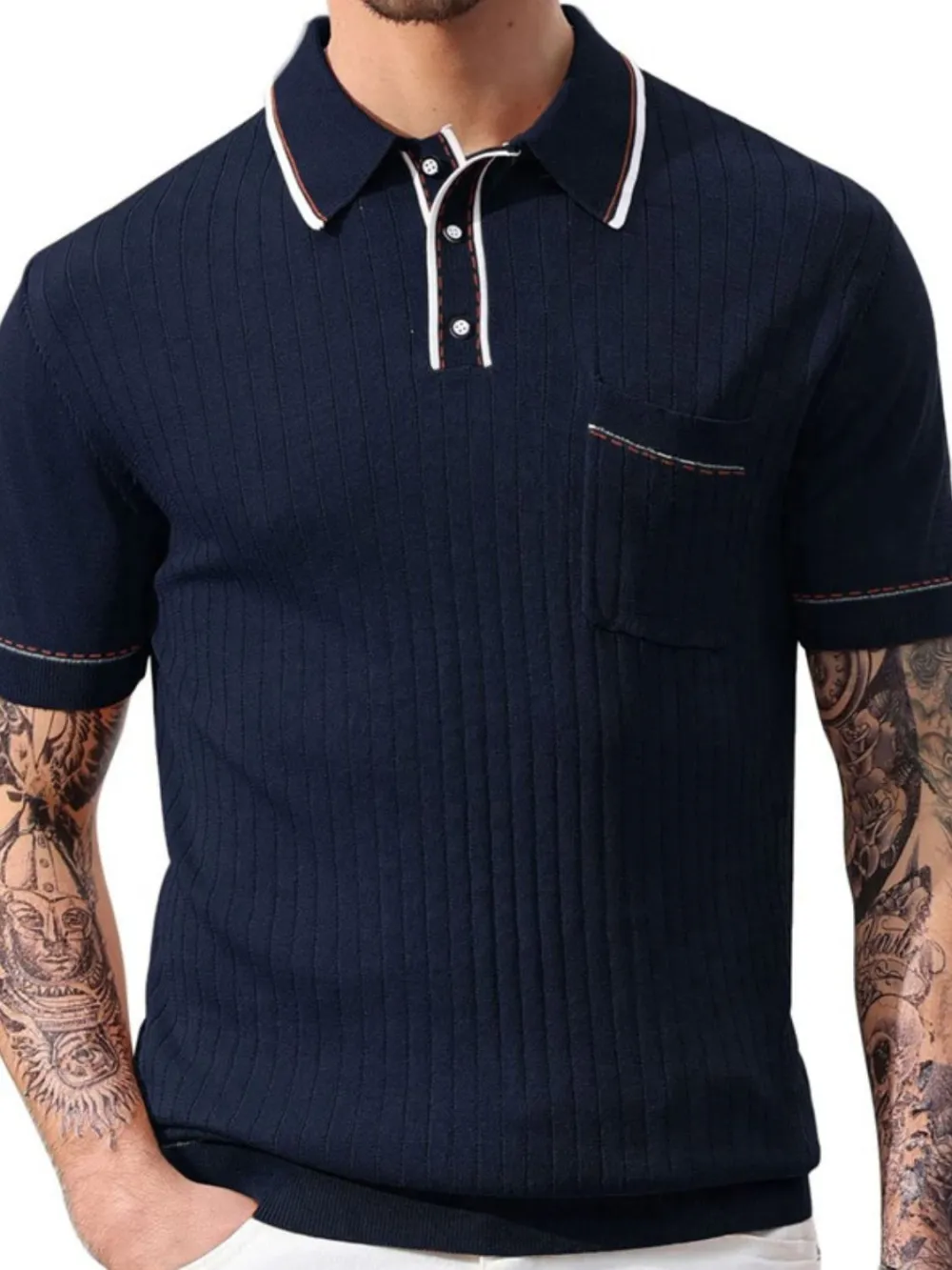 Textured Button Front Short Sleeve Collared Polo Shirt
