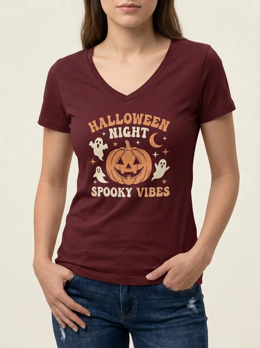 Women's Halloween Spooky Vibes Pumpkin Ghost Printed V-Neck T-Shirt