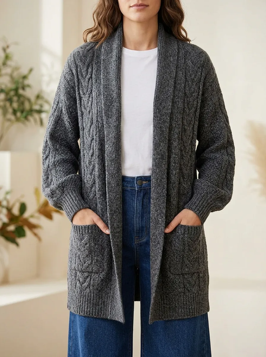 Women's Cable Knit Open Front Dropped Shoulder Cardigan
